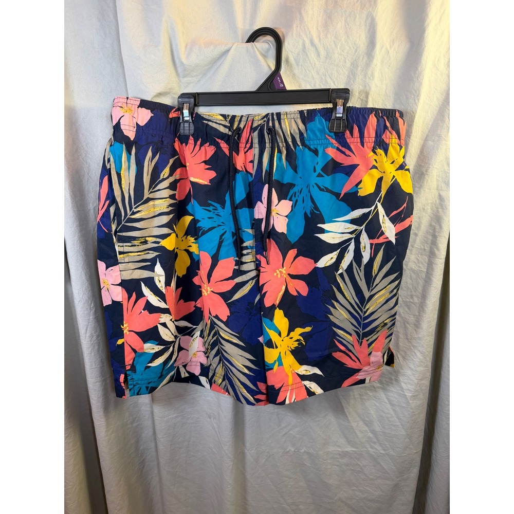 George Mens Navy Blue Tropical Floral Palm Print Swim Trunks Large 36-38